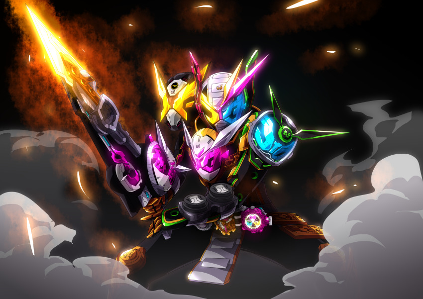 3boys, absurdres, armor, belt, black_background, black_gloves, bodysuit, elbow_pads