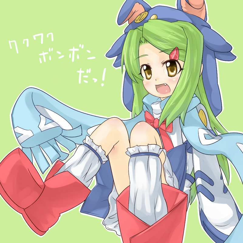 00s, child, fang, green_hair, hair_ornament, long_hair, long_sleeves, scarf