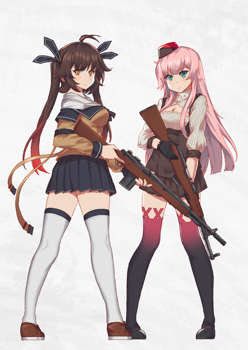 2girls, antenna_hair, battle_rifle, beret, black_gloves, black_ribbon, blue_eyes, breasts