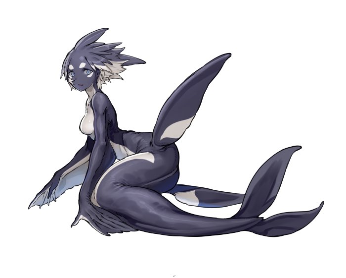 1girl, blue_eyes, breasts, colored_skin, completely_nude, female_focus, fingernails, fins