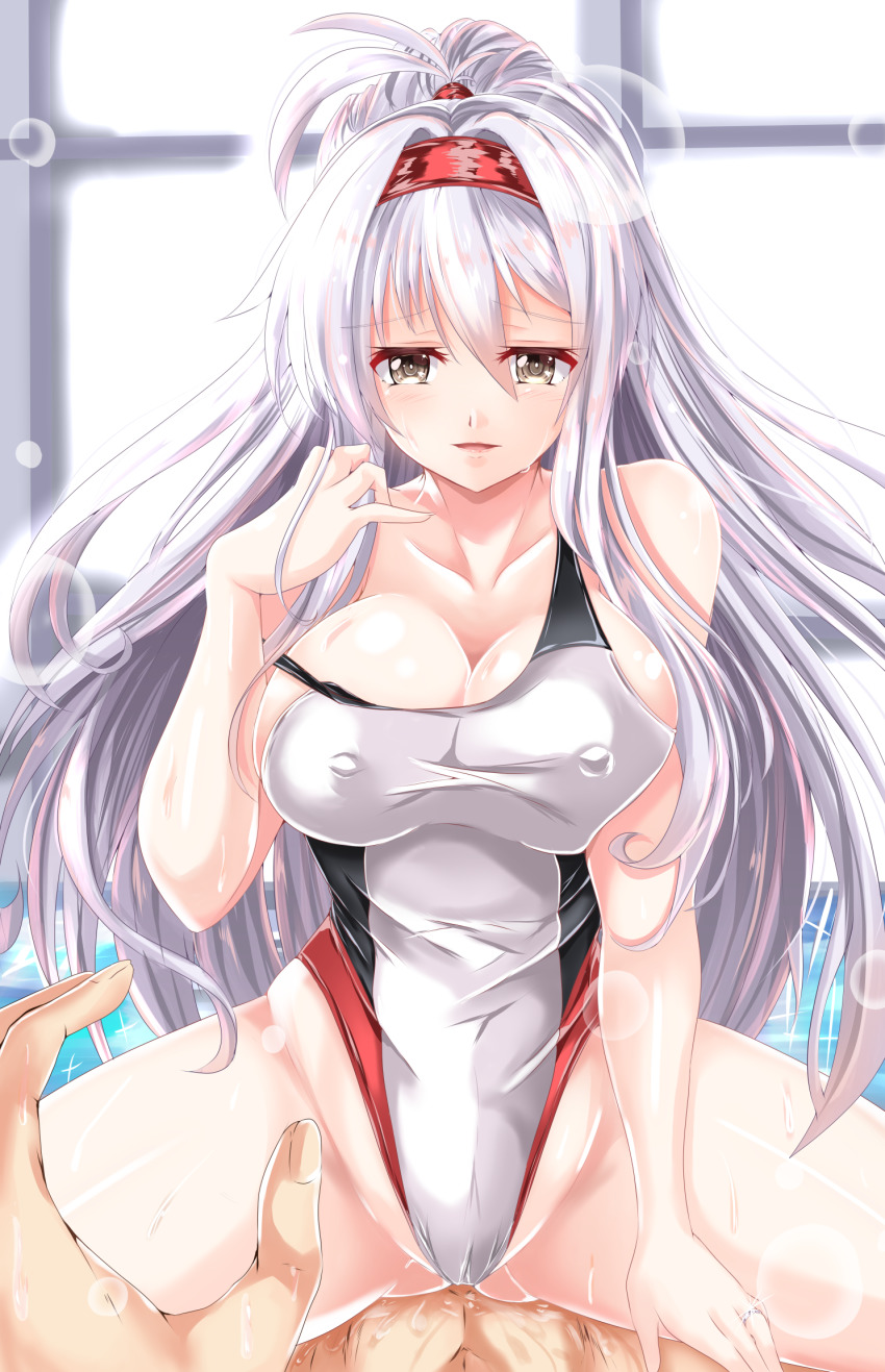 1girl, alternate_costume, alternate_hairstyle, breasts, commentary_request, covered_erect_nipples, girl_on_top, grey_eyes