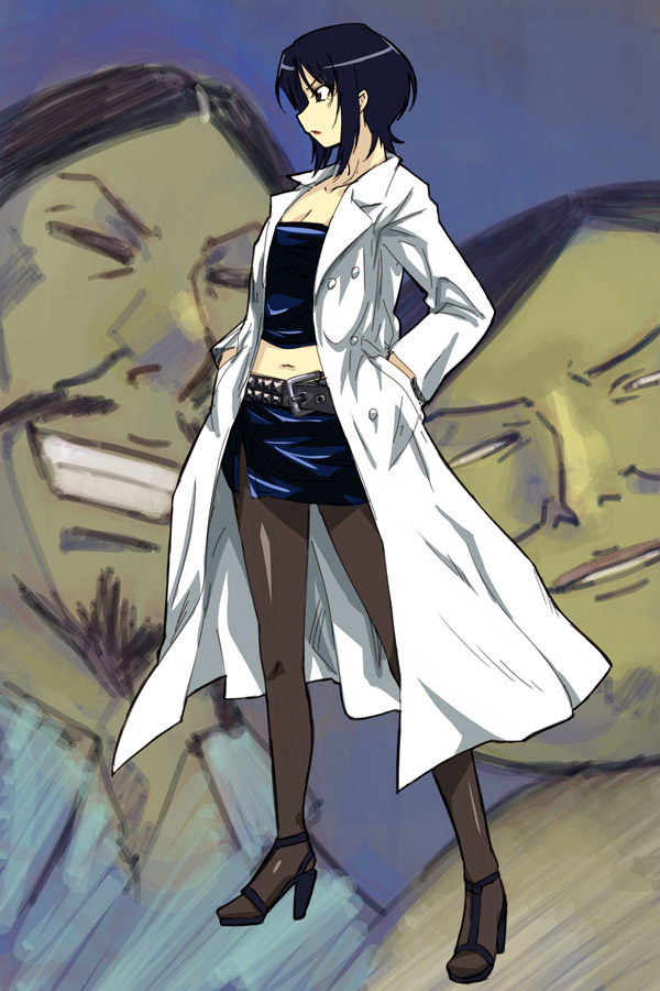 1girl, 2boys, belt, black_footwear, black_hair, hands_in_pockets, hasegawa_haruka, high_heel_sandals, high_heels, kawahama_takuma, lab_coat, legs, michael_f91, midriff, miniskirt, misato_kaoru, moyashimon, multiple_boys, navel, pantyhose, pencil_skirt, sandals, shoes, short_hair, side_slit, skirt