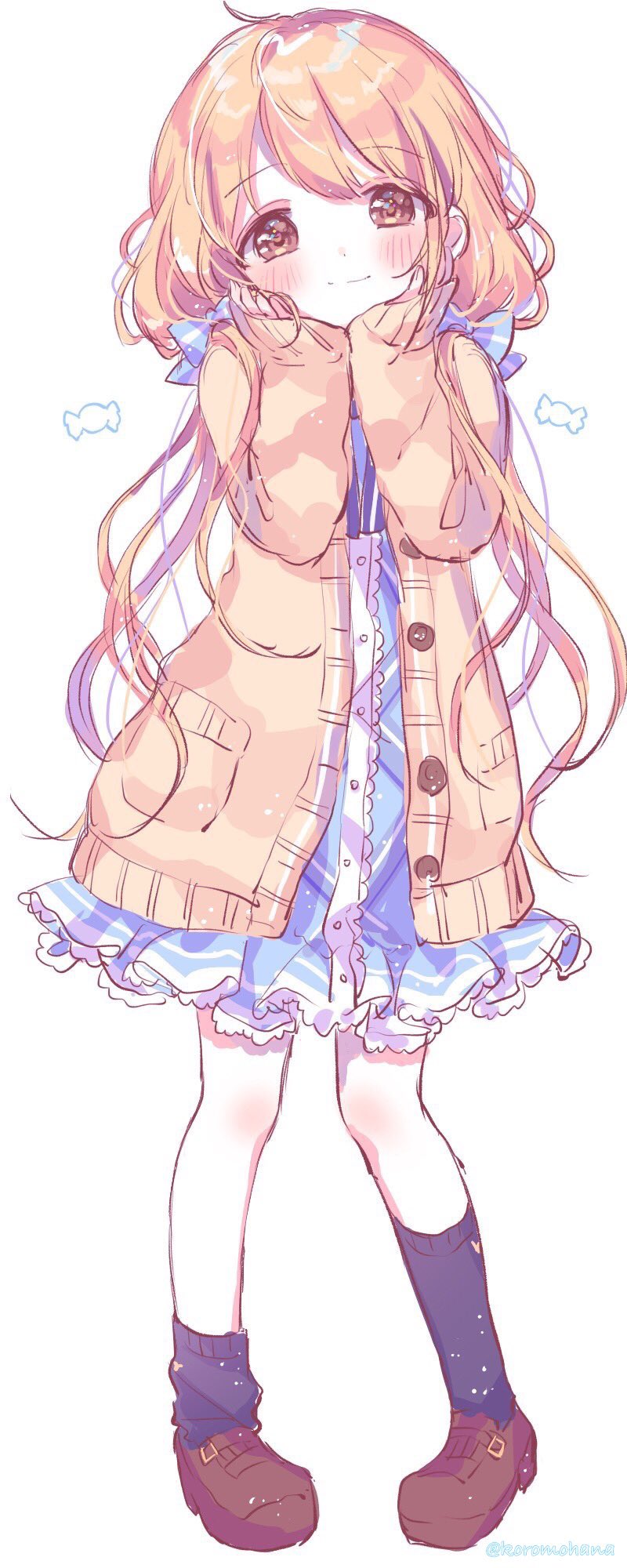 1girl, black_legwear, blazer, blonde_hair, blue_dress, blue_ribbon, blush, bow, brown_eyes, brown_jacket, candy_wrapper, dress, female_focus, full_body, futaba_anzu, hair_ribbon, hanai_yuyu, highres, idolmaster, idolmaster_cinderella_girls, jacket, loafers, long_hair, long_sleeves, looking_at_viewer, low_twintails, open_clothes, open_jacket, plaid_clothes, plaid_dress, ribbon, shoes, signature, simple_background, sleeves_past_wrists, smile, solo, striped_bow, twintails, twitter_username