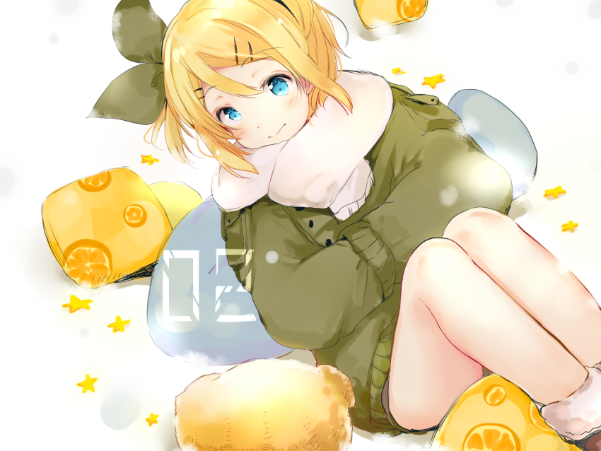 1girl, blonde_hair, blue_eyes, boots, bow, coat, feet_out_of_frame, female_focus