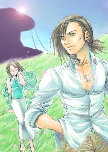 1990s_(style), 1boy, 1girl, brown_hair, day, dog_tags, ellone, ellone_loire