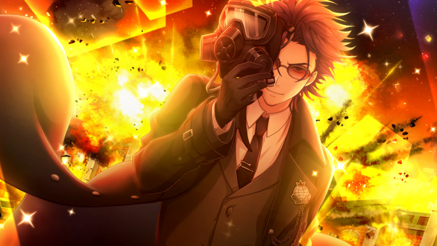 >:), 1boy, alternate_costume, black_gloves, black_necktie, coat, dutch_angle, explosion, fire, formal_clothes, game_cg, gas_mask, gloves, highres, holding, kiseru_(senjuushi), male_focus, mask, necktie, non-web_source, official_art, outdoors, purple_hair, curtained_hair, senjuushi:_the_thousand_noble_musketeers, senjuushi_(series), short_hair, smirk, solo, spiked_hair, suit, sunglasses, wind, wind_lift