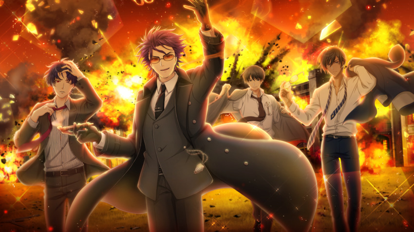 >:), 4boys, ali_pasha_(senjuushi), alternate_costume, alternate_hairstyle, arm_up, black_gloves, black_hair, black_neckwear, brown_neckwear, coat, collared_shirt, curtained_hair, dark-skinned_male, dark_skin, dress_shirt, explosion, eyewear_hang, fire, formal_clothes, game_cg, glasses, gloves, grey_eyes, hand_in_own_hair, highres, holding, ieyasu_(senjuushi), kiseru, kiseru_(senjuushi), long_sleeves, loose_necktie, male_focus, multiple_boys, necktie, non-web_source, official_art, one_eye_closed, outdoors, partially_unbuttoned, partially_undressed, purple_hair, rapp_(senjuushi), red_eyes, red_neckwear, removing_eyewear, removing_jacket, senjuushi:_the_thousand_noble_musketeers, senjuushi_(series), shirt, short_hair, smirk, smoking_pipe, spiked_hair, standing, striped_clothes, striped_necktie, striped_neckwear, striped_shirt, sunglasses, undone_necktie, undressing, unworn_eyewear, walking, white_shirt, wind, wind_lift
