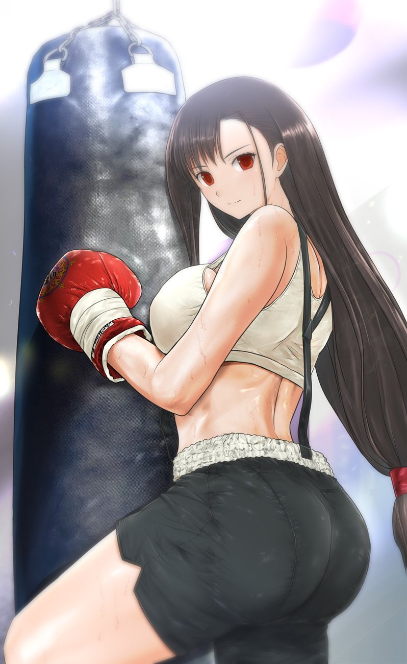 1girl, akabeko_boxing, ass, bare_shoulders, boxing_gloves, breasts, brown_hair, exercising, female_focus, final_fantasy, final_fantasy_vii, highres, large_breasts, long_hair, looking_at_viewer, pantylines, red_eyes, shiny_skin, shorts, sideboob, smile, solo, sweat, tifa_lockhart, very_long_hair