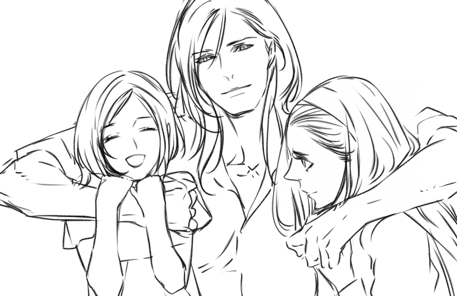 1990s_(style), 2girls, arm_around_neck, arm_on_another's_shoulder, armwrap, bad_id, bad_pixiv_id, ellone, ellone_loire, closed_eyes, family, final_fantasy, final_fantasy_vii, final_fantasy_viii, greyscale, headband, hug, laguna_loire, long_hair, monochrome, multiple_girls, npn, open_mouth, raine_loire, smile