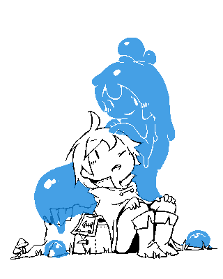 1boy, 1girl, asimofu, boots, chibi, lowres, monster_girl, one_eye_closed