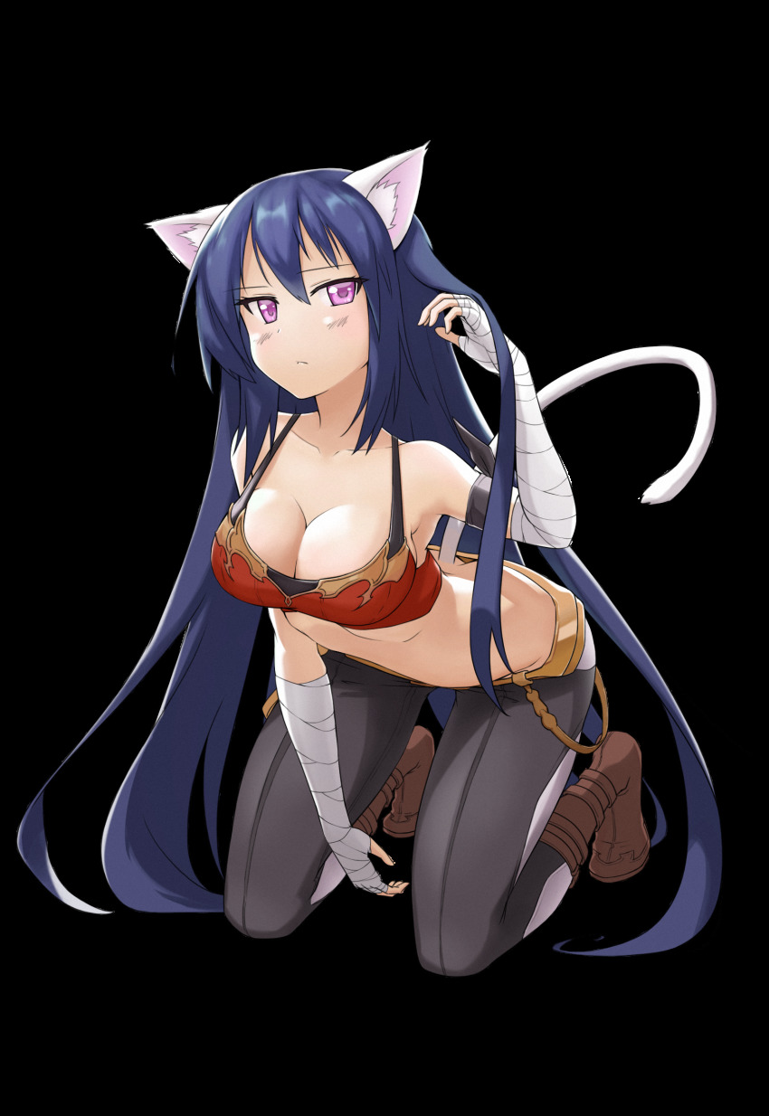 1girl, aliza_(granblue_fantasy), aliza_(granblue_fantasy)_(cosplay), animal_ears, artist_request, bandaged_arm, bandages, blue_hair, blush, boots, breasts, cat_ears, cat_tail, cleavage, closed_mouth, cosplay, crop_top, female_focus, granblue_fantasy, highres, kneeling, large_breasts, long_hair, midriff, noihara_himari, omamori_himari, pants, purple_eyes, shirt, solo, tail, taut_clothes, taut_shirt, very_long_hair