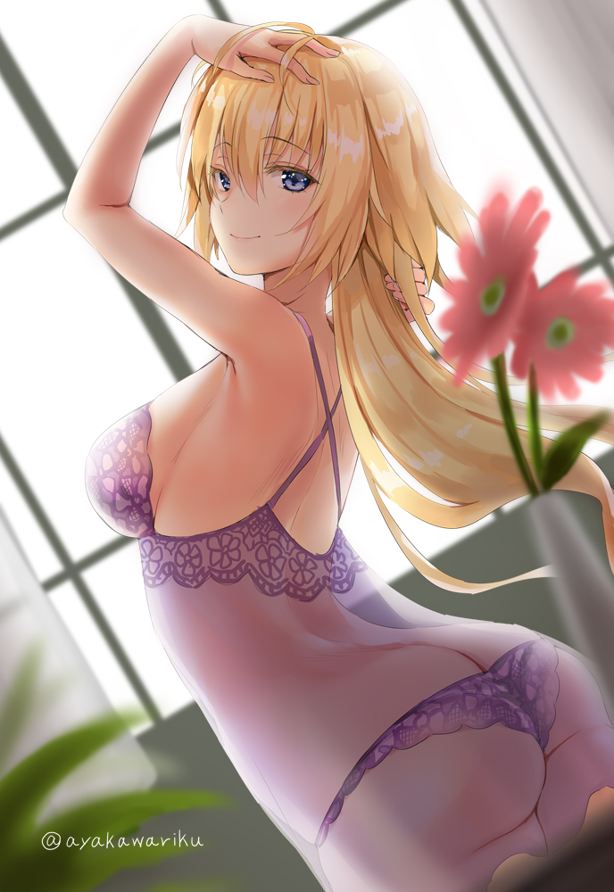 1girl, adjusting_hair, ass, ayakawa_riku, blonde_hair, blue_eyes, blush, breasts