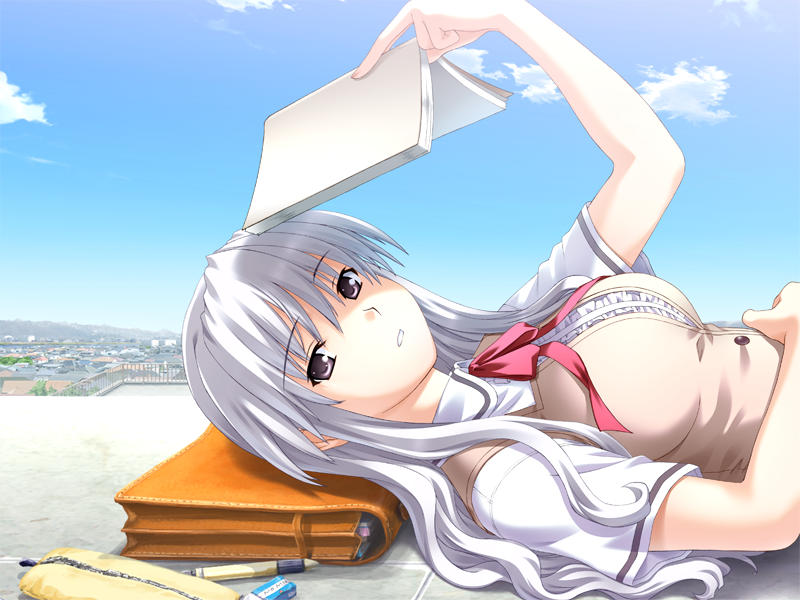 book, long_hair, misaki_ryou, nekonyan, sakaagari_hurricane, school_uniform, silver_hair, solo