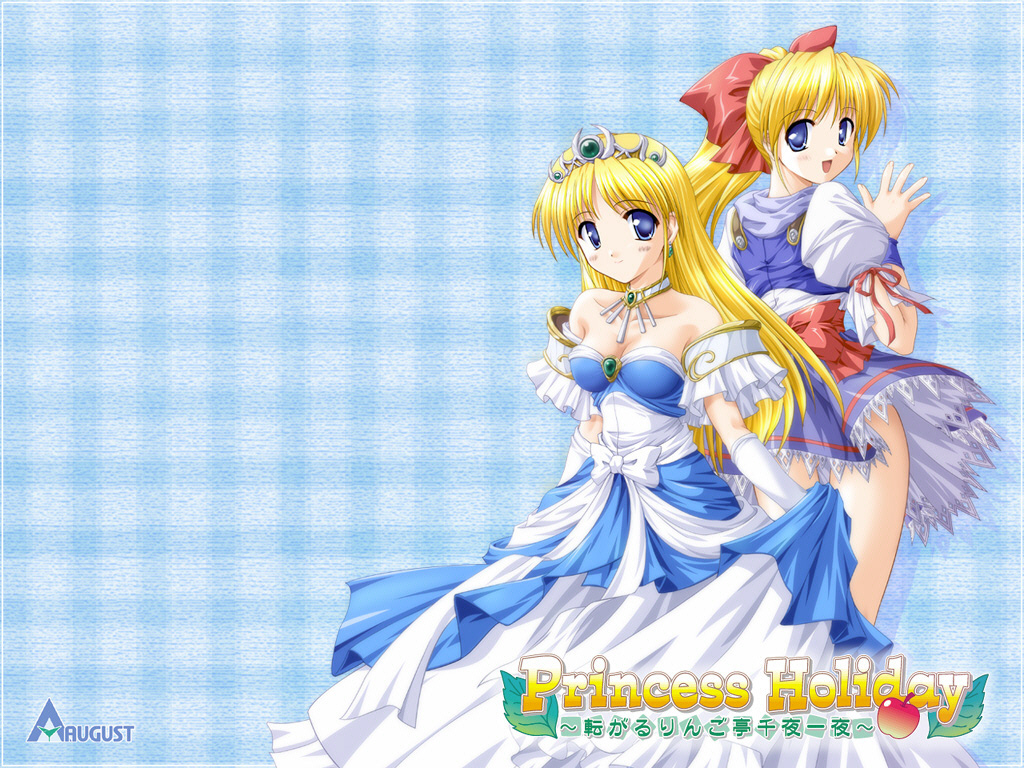 00s, 2girls, bekkankou, blonde_hair, blue_eyes, dress, dual_persona, gown
