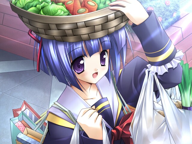 1girl, bag, basket_on_head, blue_hair, bob_cut, female_focus, flower, game_cg