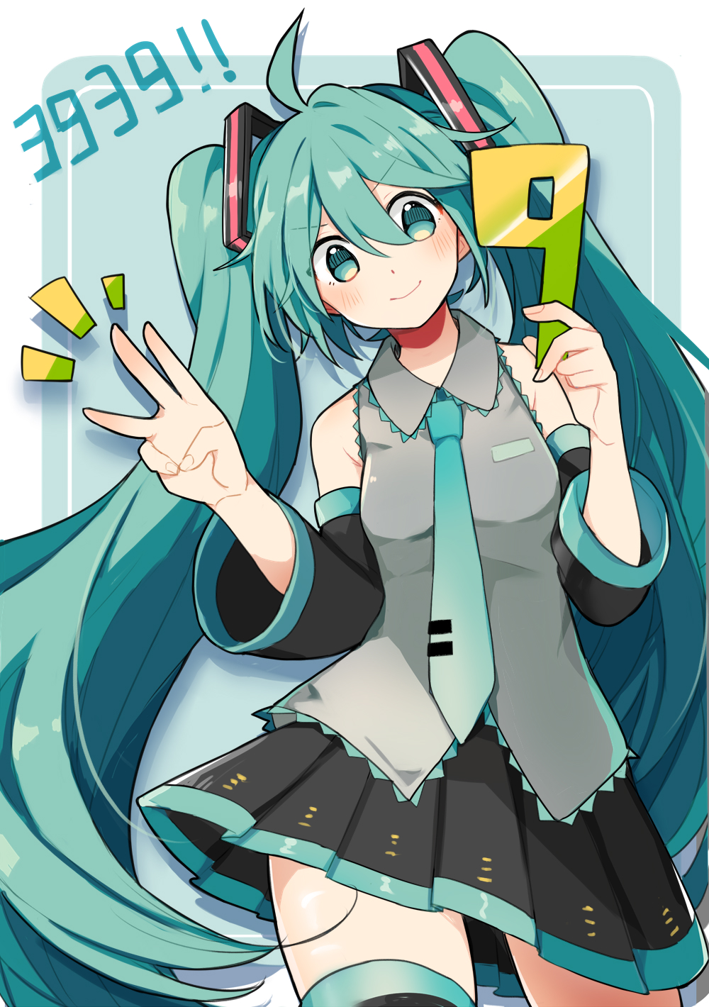 +++, 1girl, 39, bare_shoulders, black_skirt, black_thighhighs, blue_background, blue_eyes