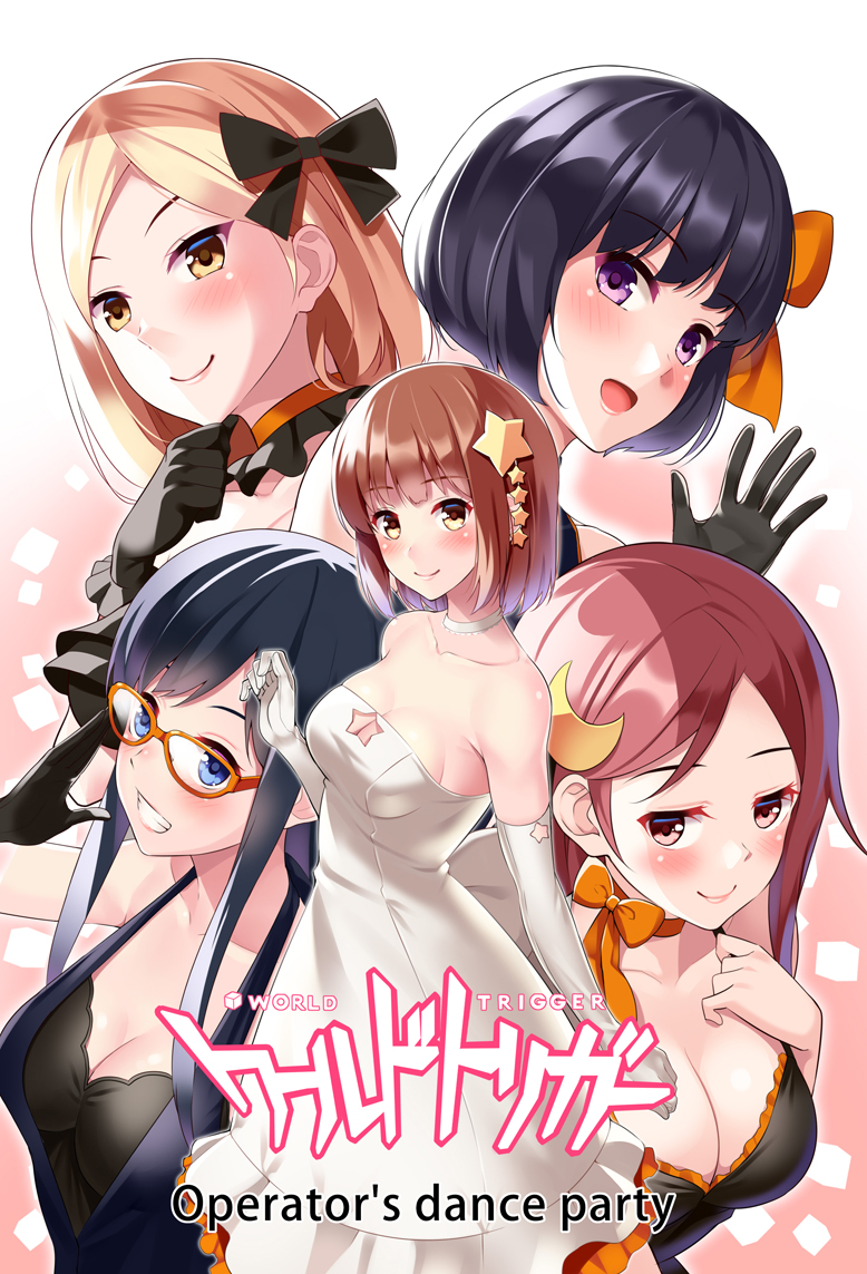 5girls, adjusting_eyewear, april_fools, ayatsuji_haruka, bare_shoulders, black_dress, black_gloves, black_ribbon