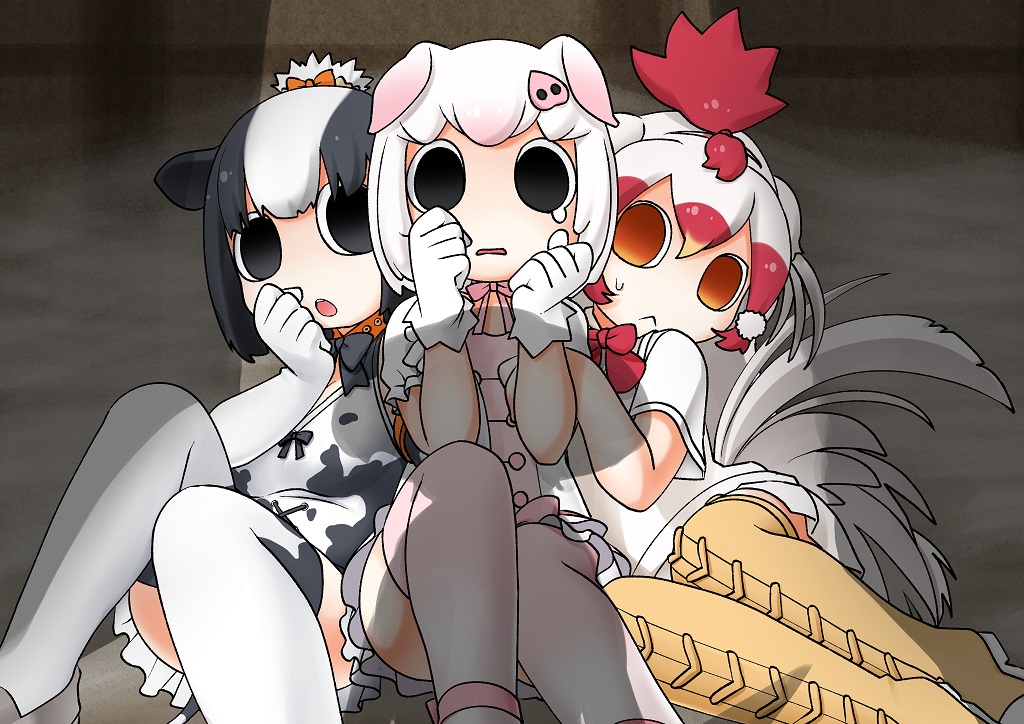 3girls, black_eyes, black_hair, chicken_(kemono_friends), elbow_gloves, explosion_psycho, female_focus, gloves