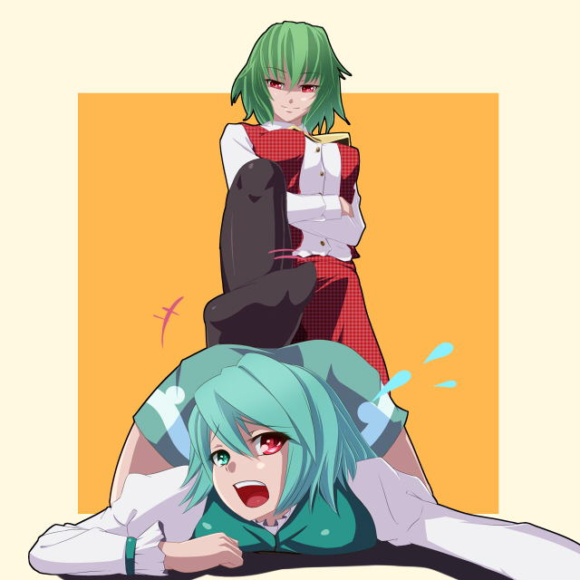 2girls, ascot, black_legwear, blue_hair, border, breasts, feet, female_focus, femdom, foot_focus, from_below, green_eyes, green_hair, heterochromia, kazami_yuuka, large_breasts, multiple_girls, nikka_(cryptomeria), open_mouth, orange_background, pantyhose, plaid_clothes, plaid_skirt, plaid_vest, red_eyes, shaded_face, short_hair, simple_background, skirt, skirt_set, smile, stepped_on, sweatdrop, tatara_kogasa, top-down_bottom-up, touhou, trampling, unmoving_pattern, vest