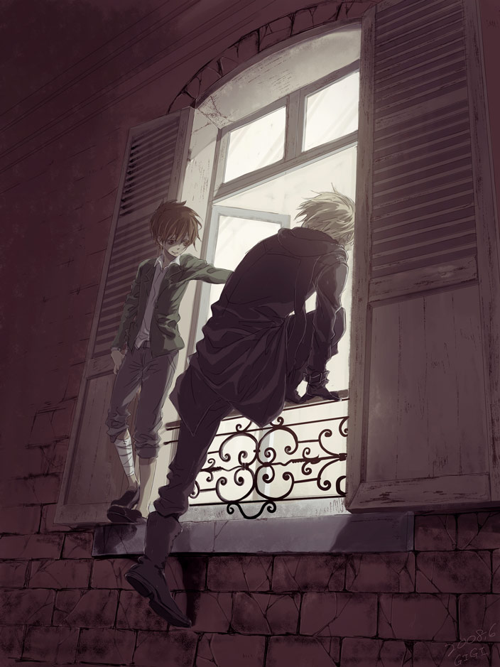2boys, bad_id, bad_pixiv_id, bandages, black_hair, blonde_hair, brown_hair, child, climbing, darren_shan, hys122211, male_focus, multiple_boys, outdoors, short_hair, smile, steve_leonard, the_saga_of_darren_shan, vampire, window