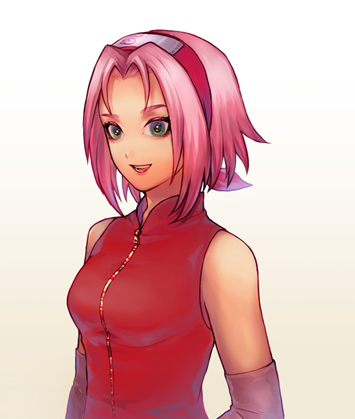 1girl, :d, bad_id, bad_pixiv_id, detached_sleeves, female_focus, green_eyes, grey_sleeves, hair_intakes, haruno_sakura, headband, jacket, naruto_(series), naruto_shippuuden, open_mouth, pink_hair, red_jacket, short_hair, simple_background, sleeveless, sleeveless_jacket, smile, solo, tori_(tokinohiyoko), upper_body, white_background, zipper