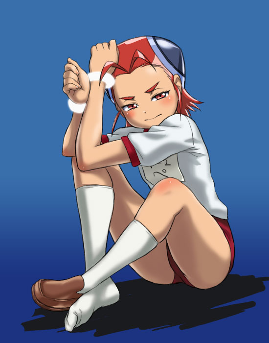 00s, antenna_hair, blue_background, brown_shoes, buruma, capella_titis, feet, full_body, gym_uniform, hajime_(caramel_toone), kneehighs, shoes, single_shoe, sitting, socks, solo, tetsuwan_birdy, tetsuwan_birdy_decode, white_socks