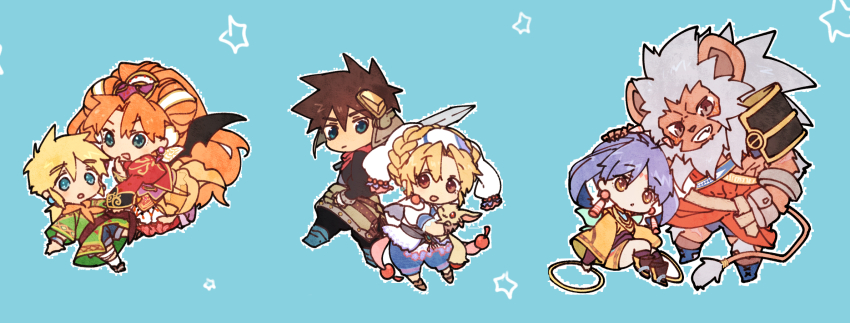 3boys, 3girls, animal_ears, blonde_hair, blue_eyes, blue_hair, brown_hair, chibi