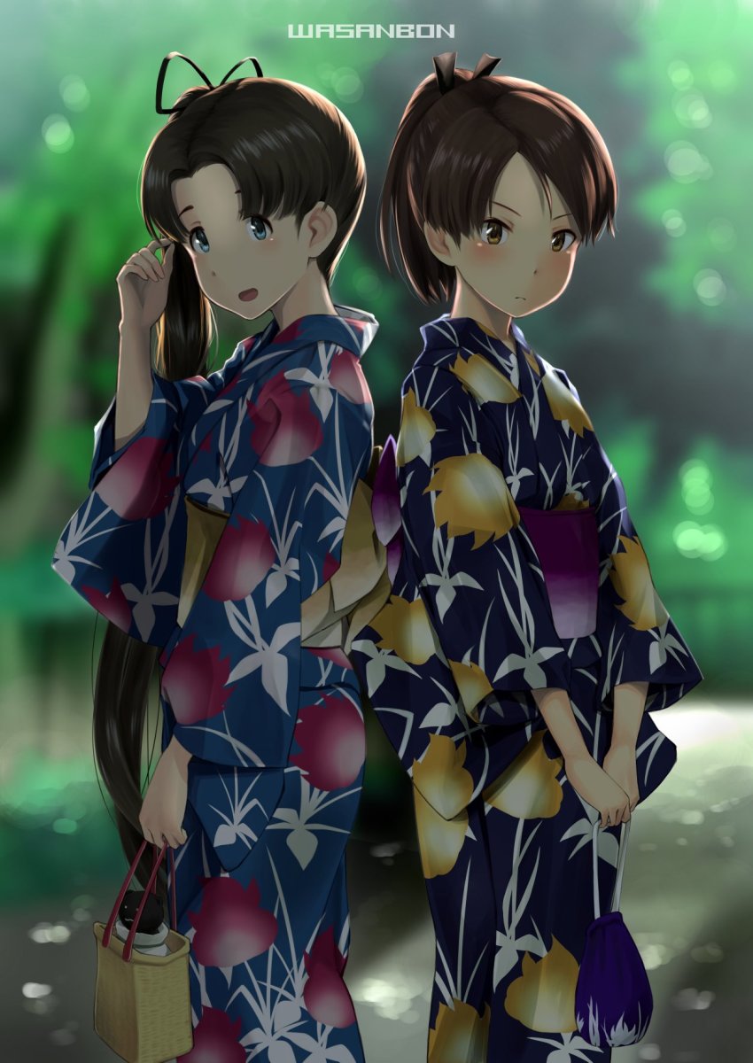 2girls, :d, artist_name, ayanami_(kancolle), ayanami_(yukata)_(kancolle), ayanami_(yukata_mode)_(kancolle), bag, black_hair