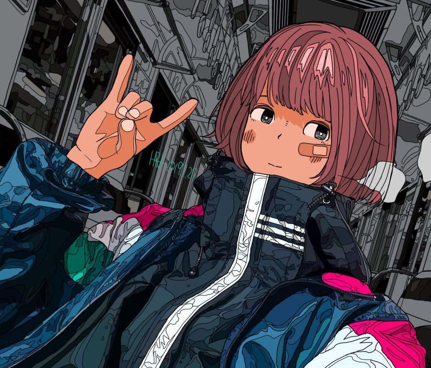 1girl, bad_id, bad_twitter_id, bandaid, black_eyes, blush, brown_hair, dated