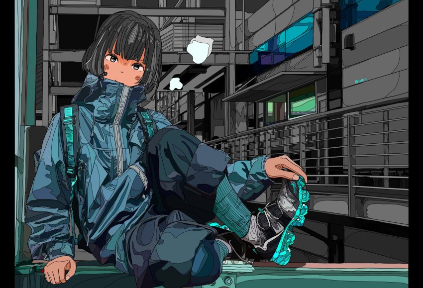 1girl, aqua_socks, backpack, bad_id, bad_twitter_id, bag, black_eyes, black_hair, black_shoes, blue_jacket, dated, female_focus, flat_color, harusameriburo, high_collar, highres, jacket, knee_up, long_sleeves, looking_at_viewer, original, railing, shoes, short_hair, sitting, smile, socks, solo, zipper