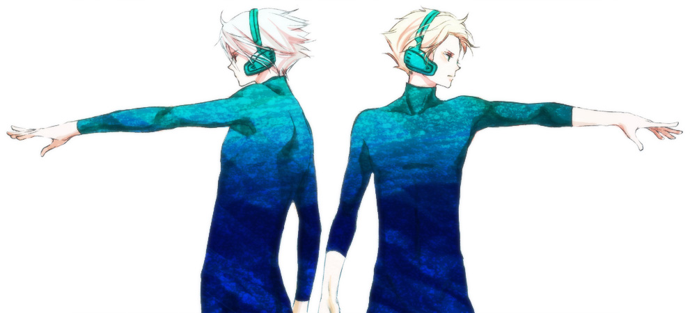2boys, albino, bad_id, bad_pixiv_id, blonde_hair, blue_theme, green_eyes, headphones