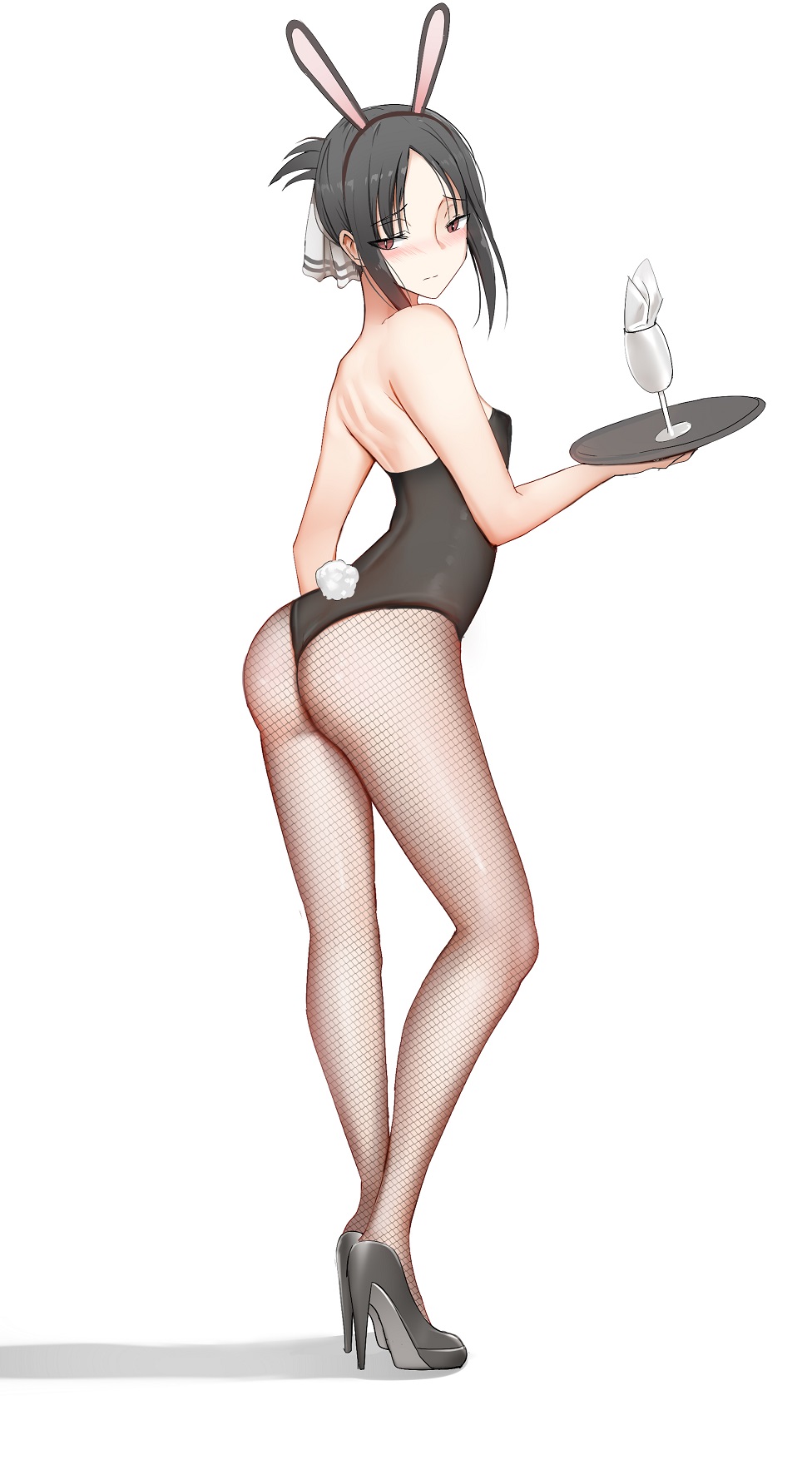 1girl, animal_ears, ass, bare_shoulders, black_hair, blush, breasts, champagne_flute, cup, drinking_glass, fake_animal_ears, female_focus, fishnets, high_heels, highres, holding, holding_tray, kaguya-sama_wa_kokurasetai_~tensai-tachi_no_renai_zunousen~, looking_at_viewer, playboy_bunny, rabbit_ears, rabbit_tail, red_eyes, ryu_jiao, shinomiya_kaguya, short_hair, sidelocks, small_breasts, solo, tail, tray, white_background