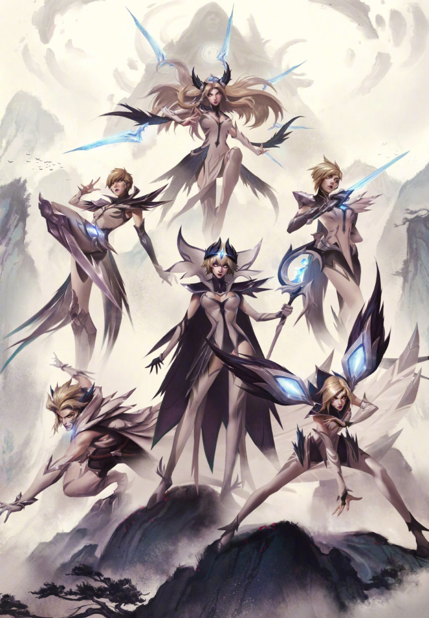 1boy, 5girls, alternate_costume, camille_(league_of_legends), chengwei_pan, fiora_(league_of_legends), floating, floating_object, floating_sword, floating_weapon, highres, ig_camille, ig_fiora, ig_irelia, ig_kai'sa, ig_leblanc, ig_rakan, invictus_gaming, irelia, kai'sa, league_of_legends, league_of_legends_world_championship, leblanc_(league_of_legends), leg_blade, logo, mountain, multiple_girls, official_art, rakan_(league_of_legends), staff, statue, sword, weapon