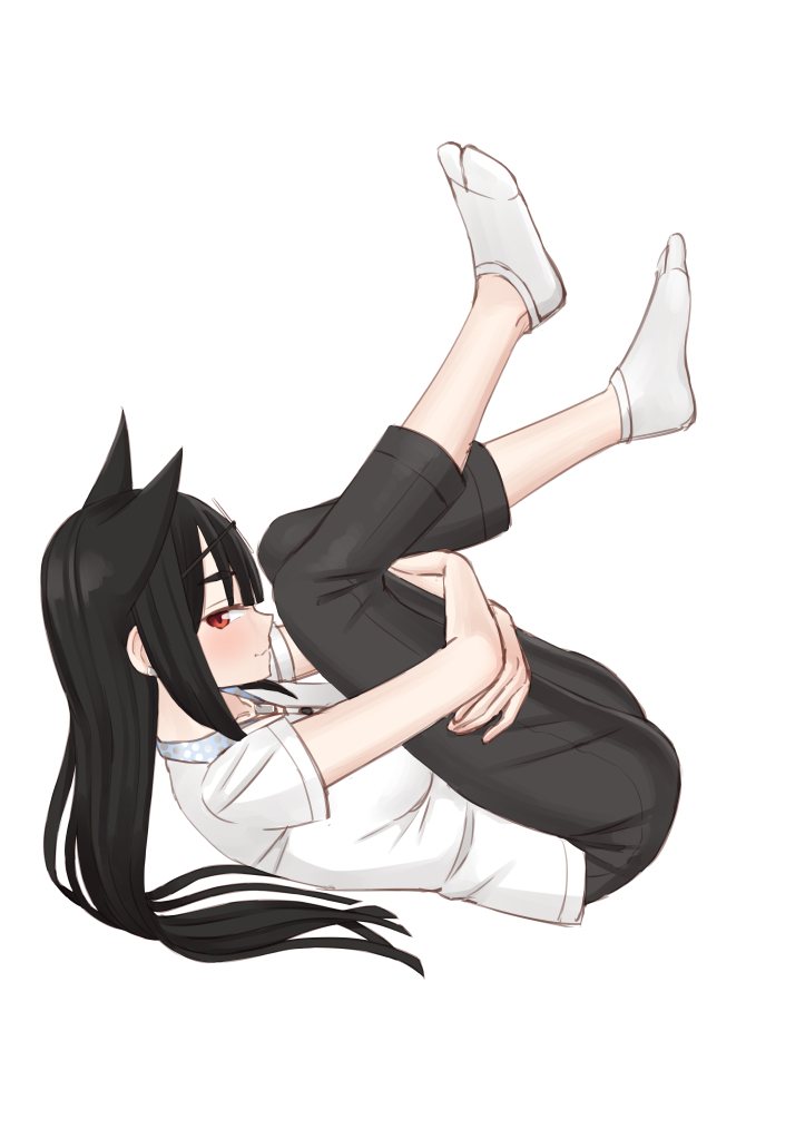 1girl, animal_ears, black_hair, black_pants, blunt_bangs, breasts, easy_(aqk7bdqt), feet