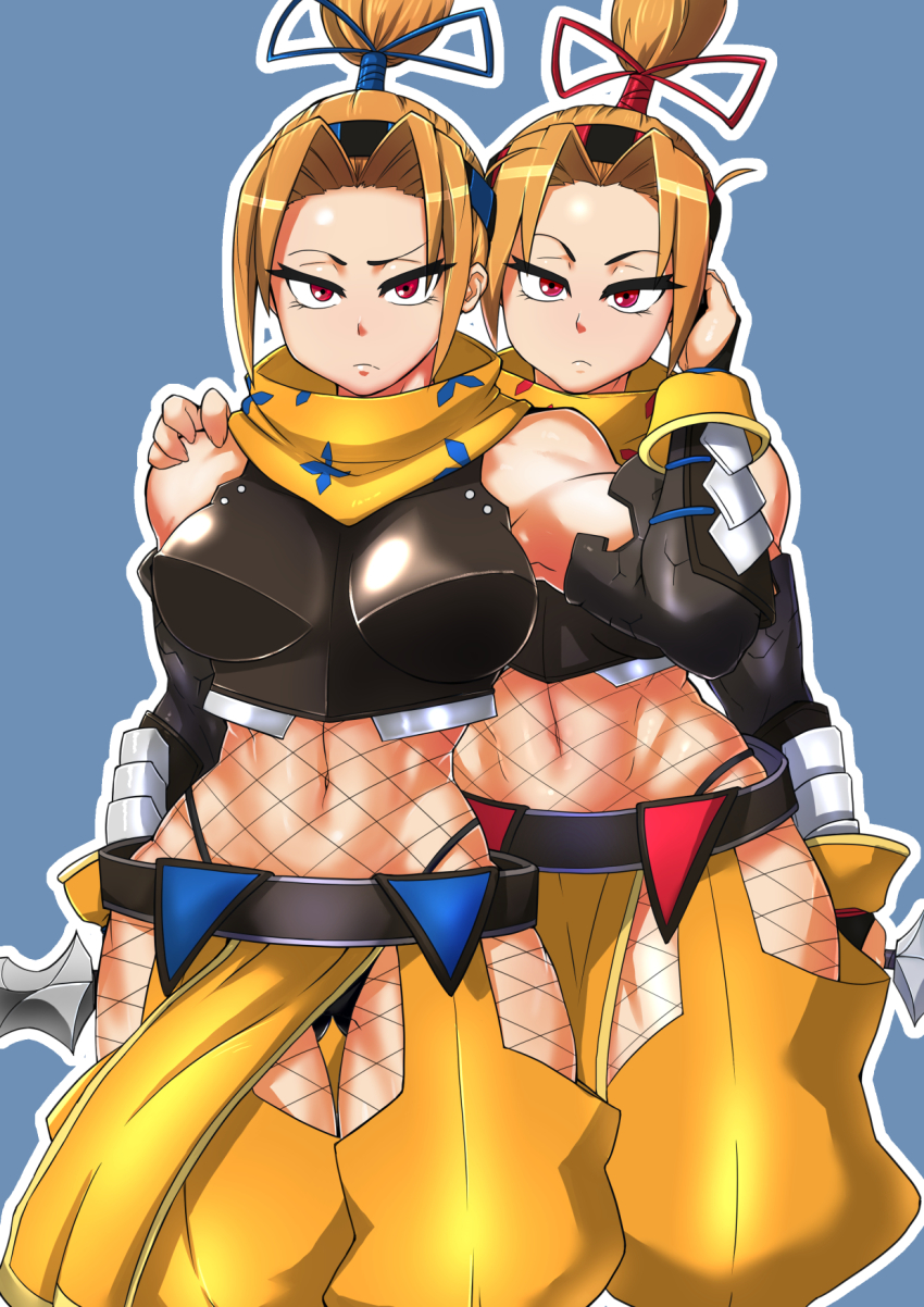2girls, armor, bare_shoulders, blue_background, bodystocking, breastplate, breasts, brown_hair, closed_mouth, cowboy_shot, fishnet_bodystocking, fishnets, highres, large_breasts, loincloth, looking_at_viewer, midriff, multiple_girls, navel, ninja, overlord_(maruyama), ponytail, red_eyes, scarf, siblings, simple_background, sisters, thong, tia_(overlord), tina_(overlord), twins, zei-minarai