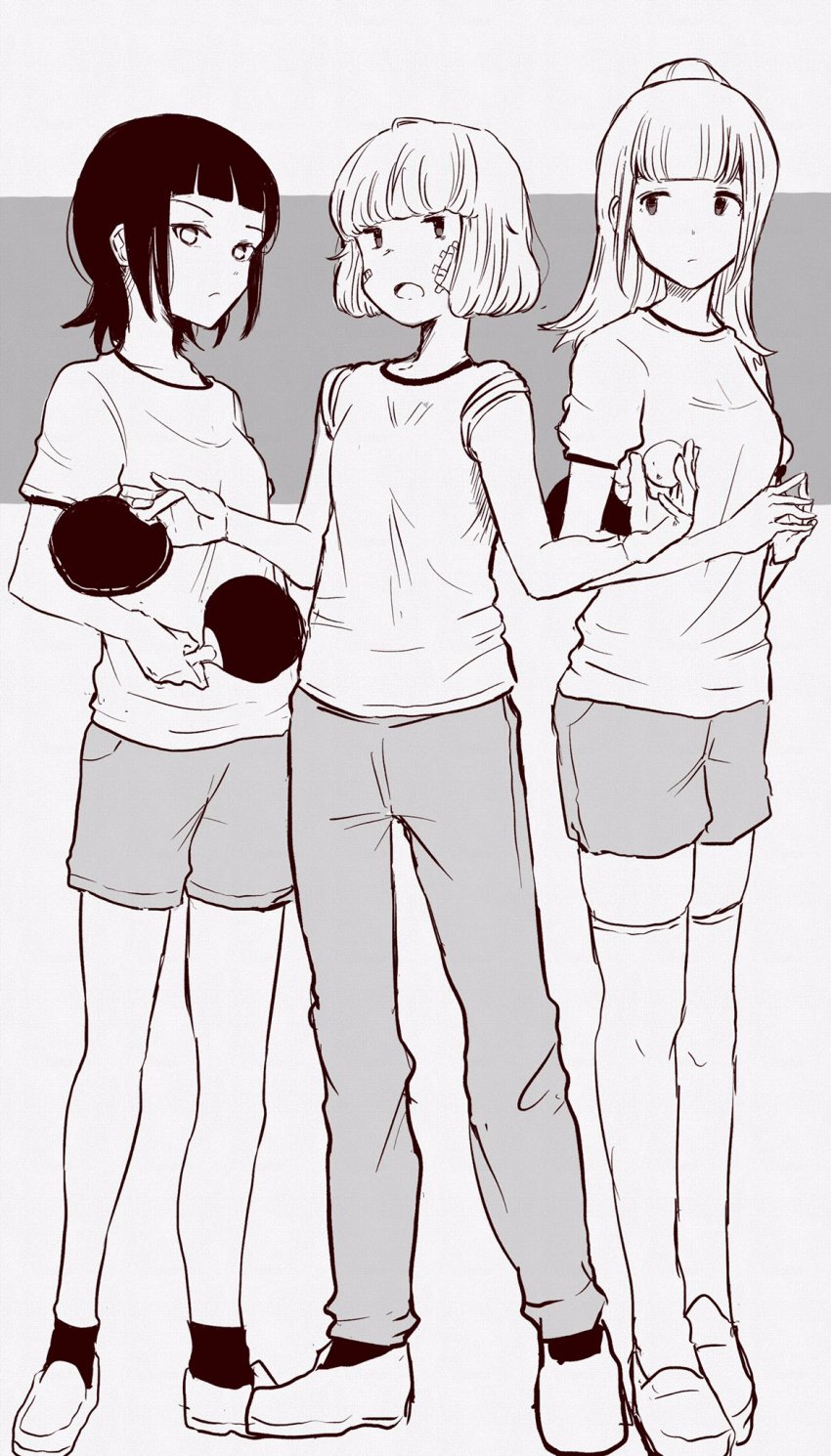 3girls, ball, bandages, blunt_bangs, commentary_request, d:, girl_sandwich, greyscale