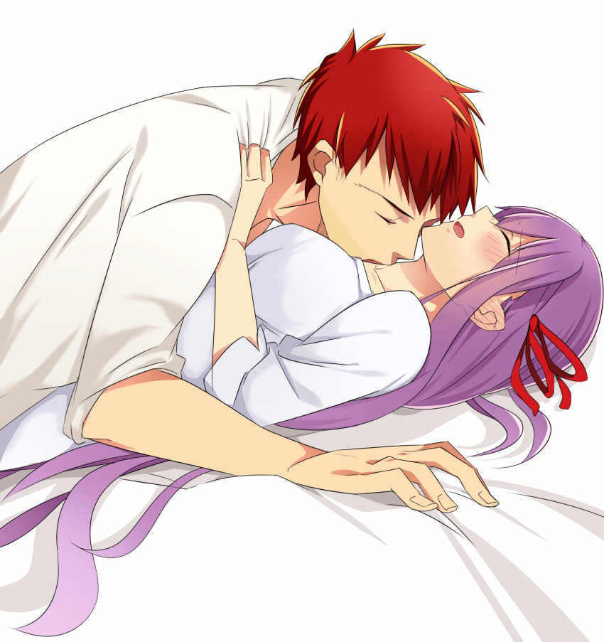 1boy, 1girl, bed_sheet, blush, closed_eyes, collarbone, couple, dress