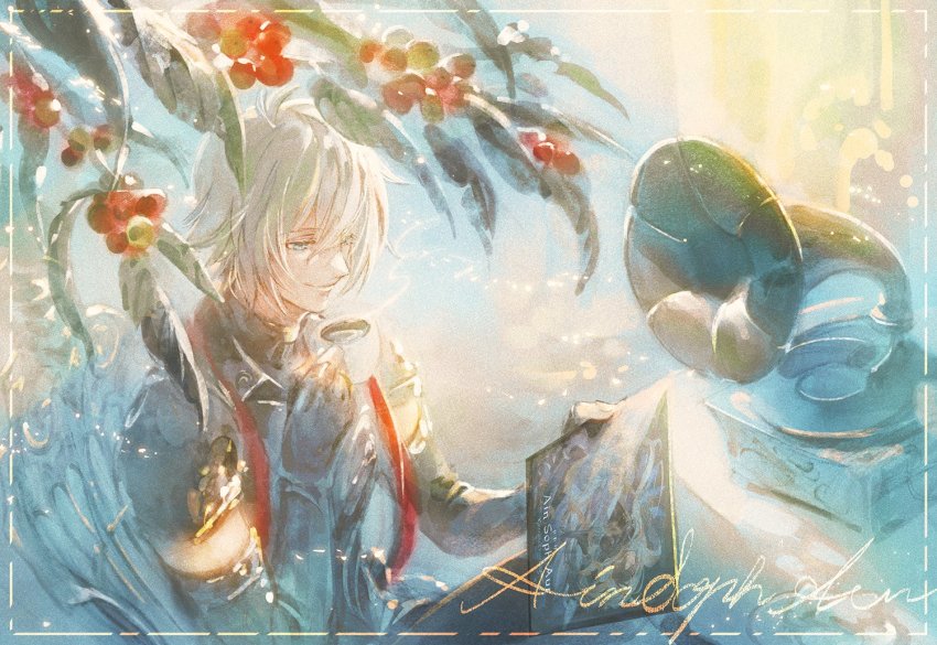 blue_eyes, coffee, coffee_mug, coffee_tree, cup, granblue_fantasy, lucifer_(shingeki_no_bahamut), male_focus, minaba_hideo, mug, official_art, phonograph, plant, sandalphon_(granblue_fantasy), sitting, smile, white_hair