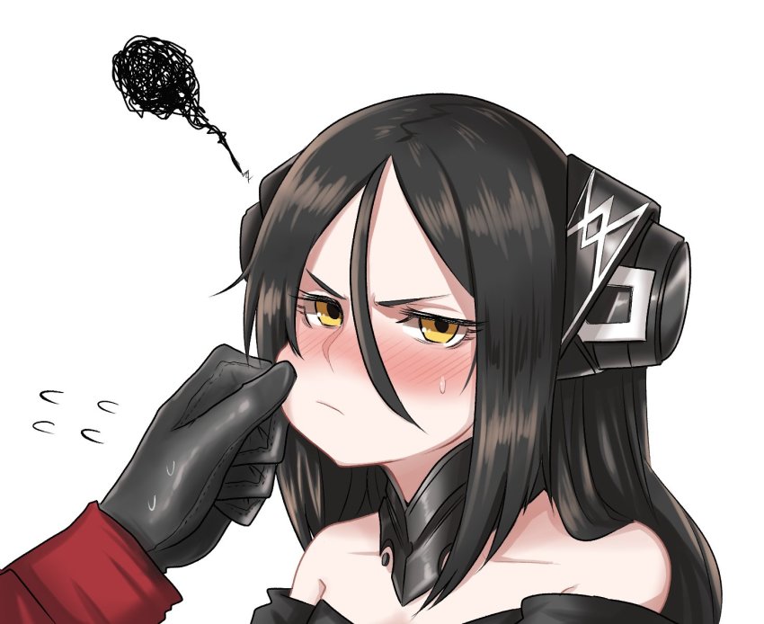 1girl, bare_shoulders, black_gloves, black_hair, blush, cheek_pinching, closed_mouth, commentary_request