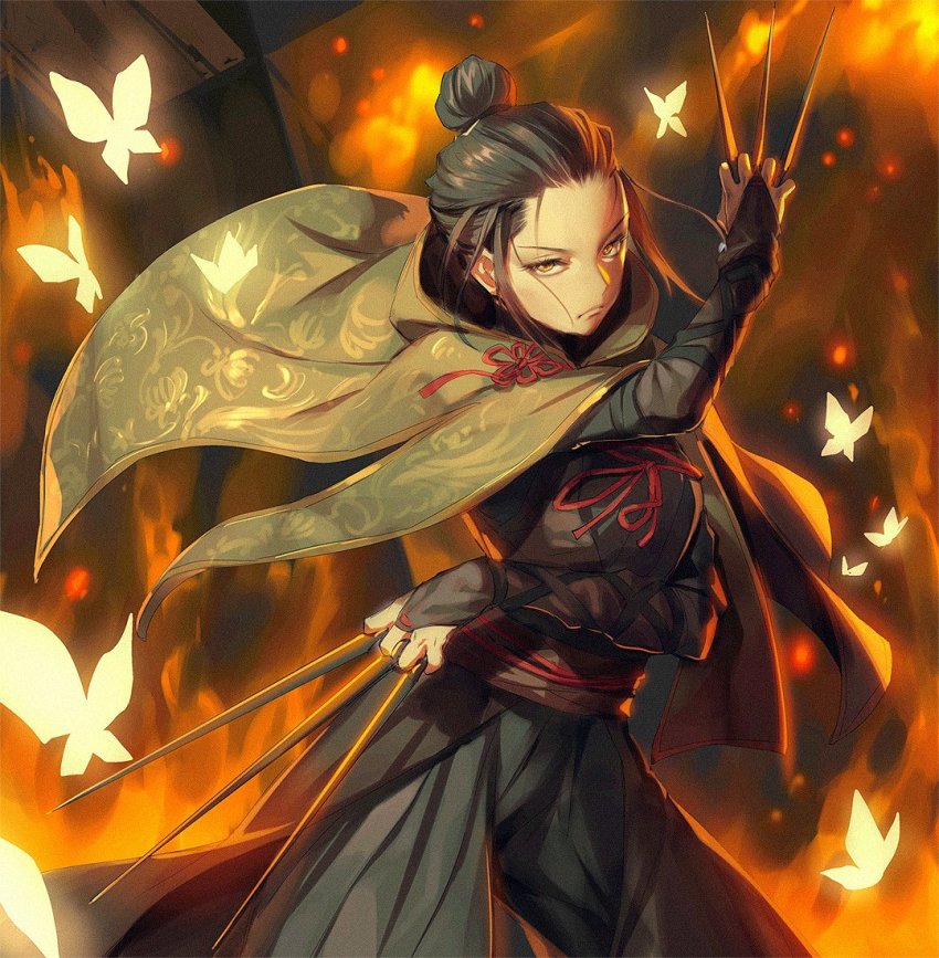 1girl, aged_down, black_hair, bridal_gauntlets, brown_eyes, bug, butterfly, cloak, dual_wielding, embers, female_focus, fighting_stance, fire, fromsoftware, glowing, hair_bun, hair_slicked_back, holding, insect, japanese_clothes, kunai, lady_butterfly, looking_at_viewer, mhk_(mechamania), ribbon, sekiro:_shadows_die_twice, serious, single_hair_bun, solo, v-shaped_eyebrows, weapon