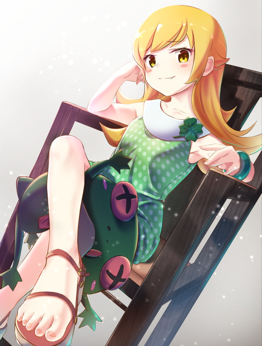 1girl, bakemonogatari, blonde_hair, blush_stickers, bracelet, chair, clover, collarbone