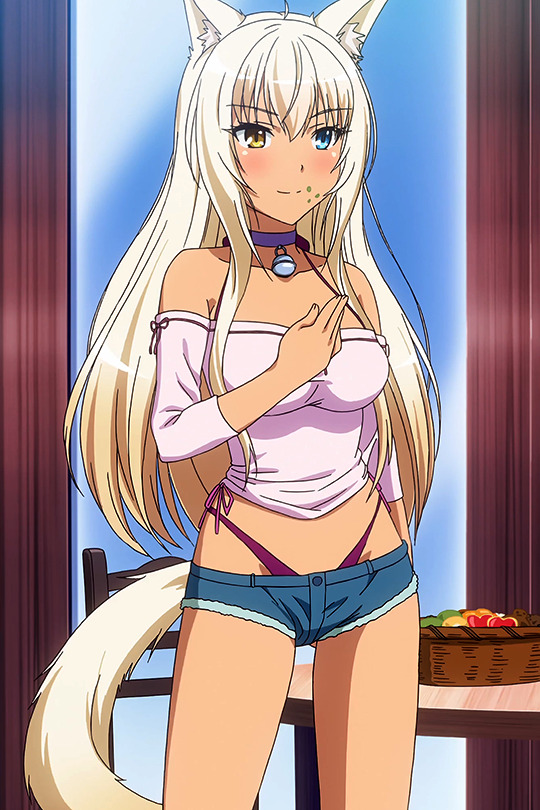 1girl, animal_ear_fluff, animal_ears, anime_screenshot, aqua_eyes, bare_legs, bare_shoulders, bell