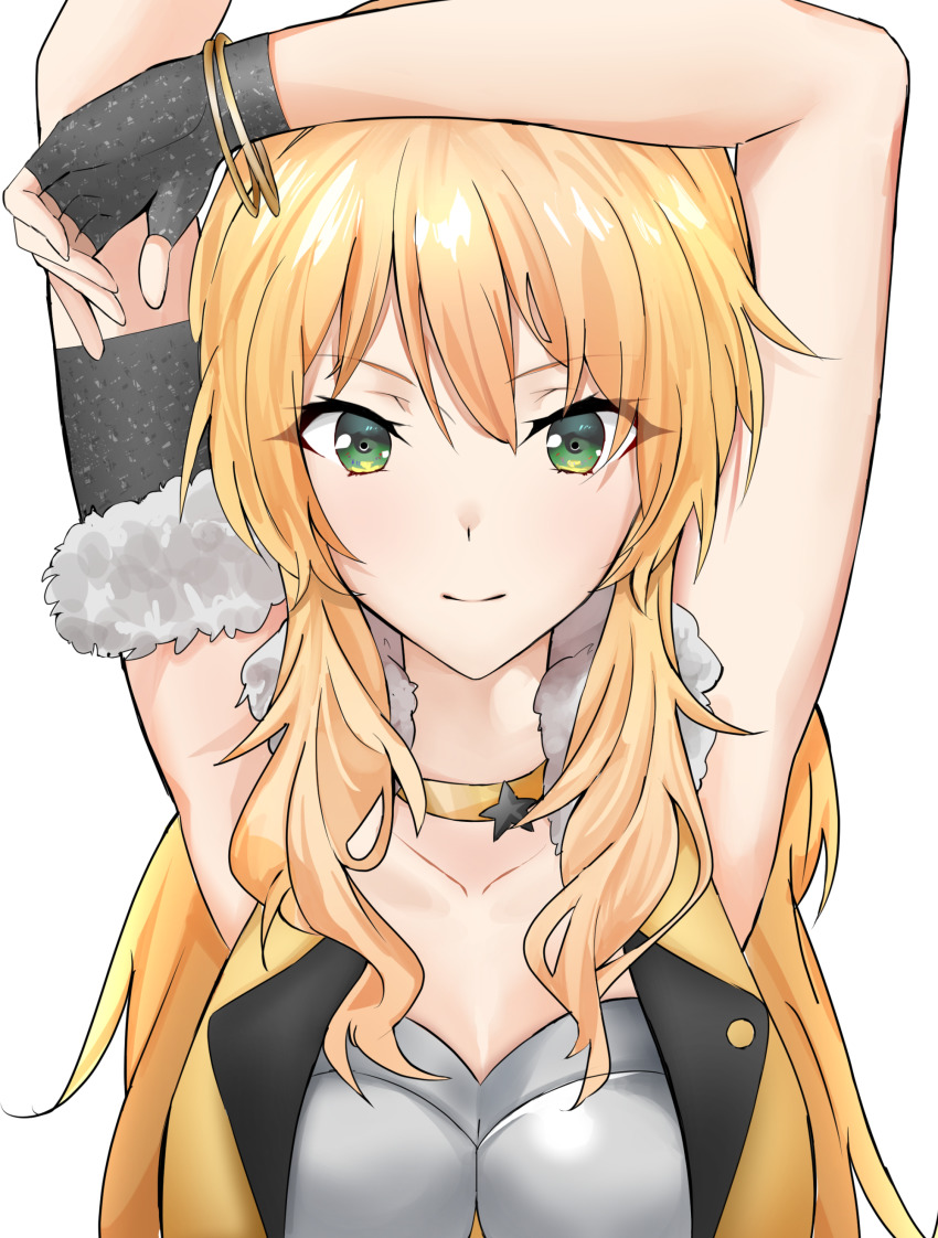 1girl, absurdres, armpits, benten_(ioj3446), black_gloves, blonde_hair, breasts, choker, cleavage, collarbone, commentary_request, female_focus, fingerless_gloves, fur_trim, gloves, green_eyes, hair_between_eyes, highres, hoshii_miki, hoshii_miki_(light_of_wishes), idolmaster, idolmaster_(classic), idolmaster_million_live!, idolmaster_million_live!_theater_days, long_hair, looking_at_viewer, medium_breasts, sleeveless, smile, solo, star_(symbol), upper_body, yellow_choker