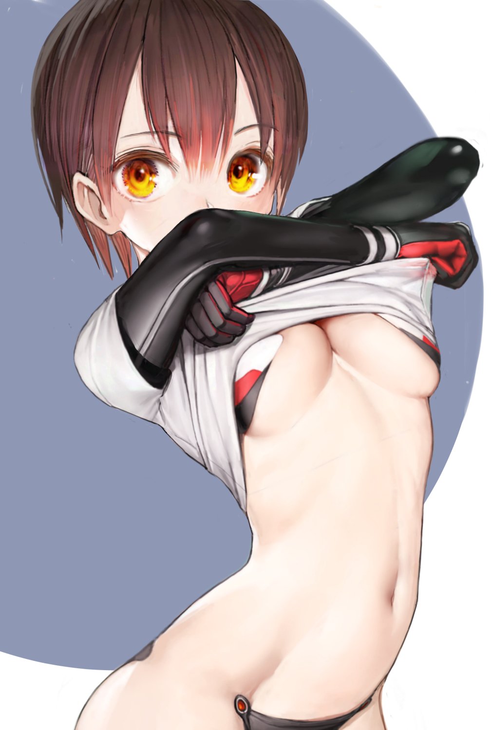 1girl, black_gloves, blouse, blue_background, breasts, brown_hair, clothes_lift, commentary, female_focus, gloves, hair_between_eyes, highres, hololive, lifting_own_clothes, looking_at_viewer, mechanical_arms, medium_breasts, navel, nyatabe, red_gloves, revealing_clothes, roboco-san, roboco-san_(high-spec_t-shirt), shirt, shirt_lift, short_hair, short_sleeves, simple_background, solo, two-tone_background, two-tone_gloves, virtual_youtuber, white_background, white_shirt, yellow_eyes