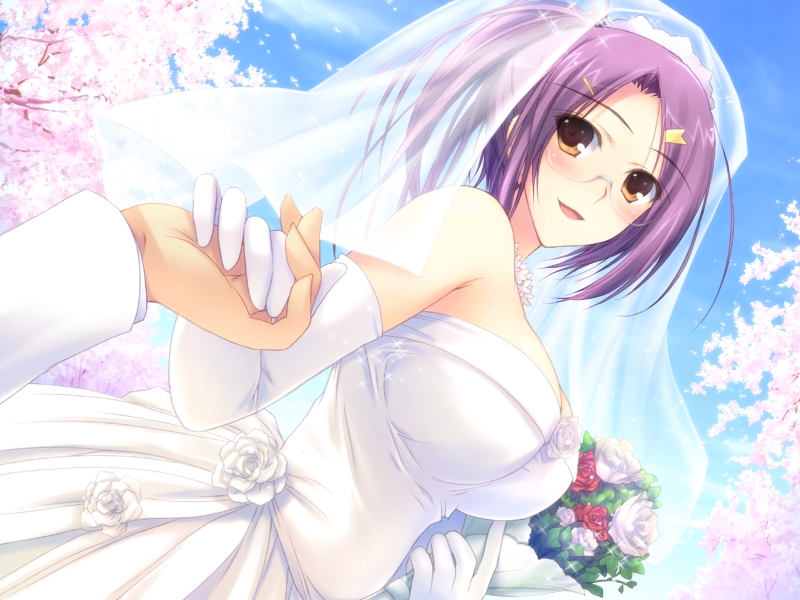 1girl, alice_soft, blush, bouquet, breasts, bridal_veil, bride, double_teacher_life