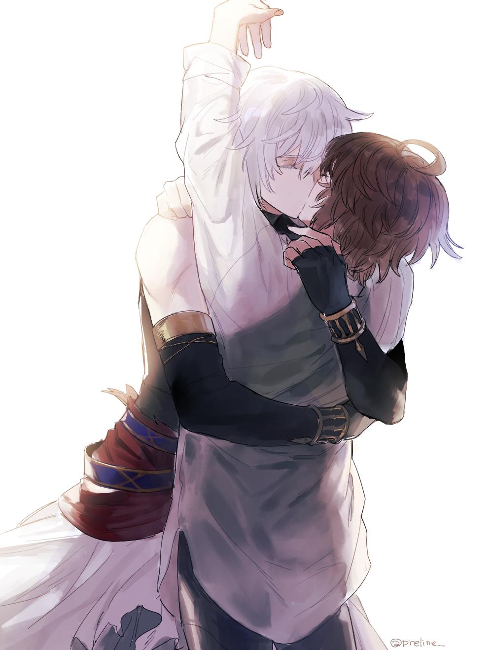 2boys, arms_around_another's_back, brown_hair, closed_eyes, fingerless_gloves, gloves, granblue_fantasy, highres, hug, kiss, lucifer_(shingeki_no_bahamut), male_focus, multiple_boys, preline, sandalphon_(granblue_fantasy), short_hair, white_hair, yaoi