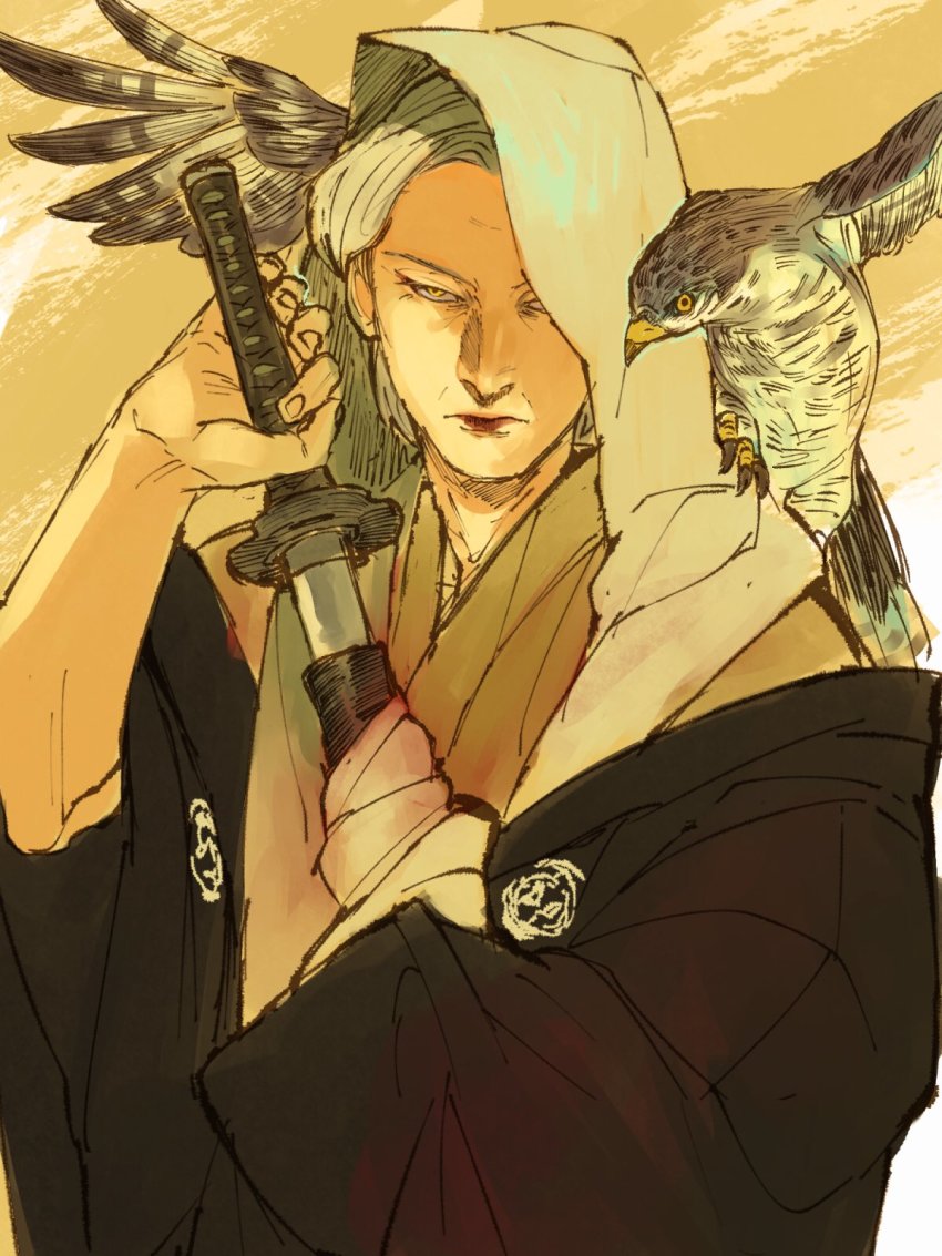 animal, animal_on_shoulder, bad_id, bad_twitter_id, bird, bird_on_shoulder, drawing_sword, fate/grand_order