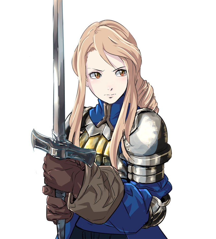 1girl, agrias_oaks, armor, blonde_hair, braid, breasts, closed_mouth, commentary_request, female_focus, final_fantasy, final_fantasy_tactics, gloves, highres, knight, long_hair, looking_at_viewer, o_sho, simple_background, single_braid, solo, sword, weapon, white_background