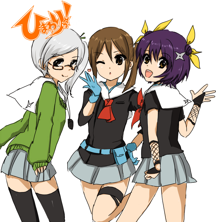 00s, 1boy, 2girls, azami, azami_(himawari), bad_id, bad_pixiv_id, belt