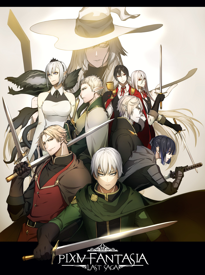 4girls, 5boys, absurdres, belt, black_eyes, black_gloves, blonde_hair, braid, breasts, brown_cape, brown_eyes, cape, chalice, closed_eyes, copyright_name, cup, dress, dual_wielding, elbow_gloves, elion_the_king_of_spirits, erebas_the_demon_king, ethan_the_exiled_hero, facial_hair, facing_viewer, gideon_(pixiv_fantasia_last_saga), gloves, green_cape, green_eyes, hand_up, hat, highres, holding, holding_sword, holding_weapon, inna_the_queen_of_the_ruined_country, izayoi04, katana, letterboxed, long_hair, looking_at_viewer, medium_breasts, miracera_master_of_the_magic_institute, multiple_boys, multiple_girls, niggurath_the_ancient_tree_branch, over_shoulder, pale_skin, pixiv_fantasia, pixiv_fantasia_last_saga, pointy_ears, red_cape, short_hair, simple_background, smile, smirk, stubble, sword, vector_guild_chief, very_long_hair, weapon, white_background, white_dress, white_gloves, white_hair, white_headwear, wizard_hat